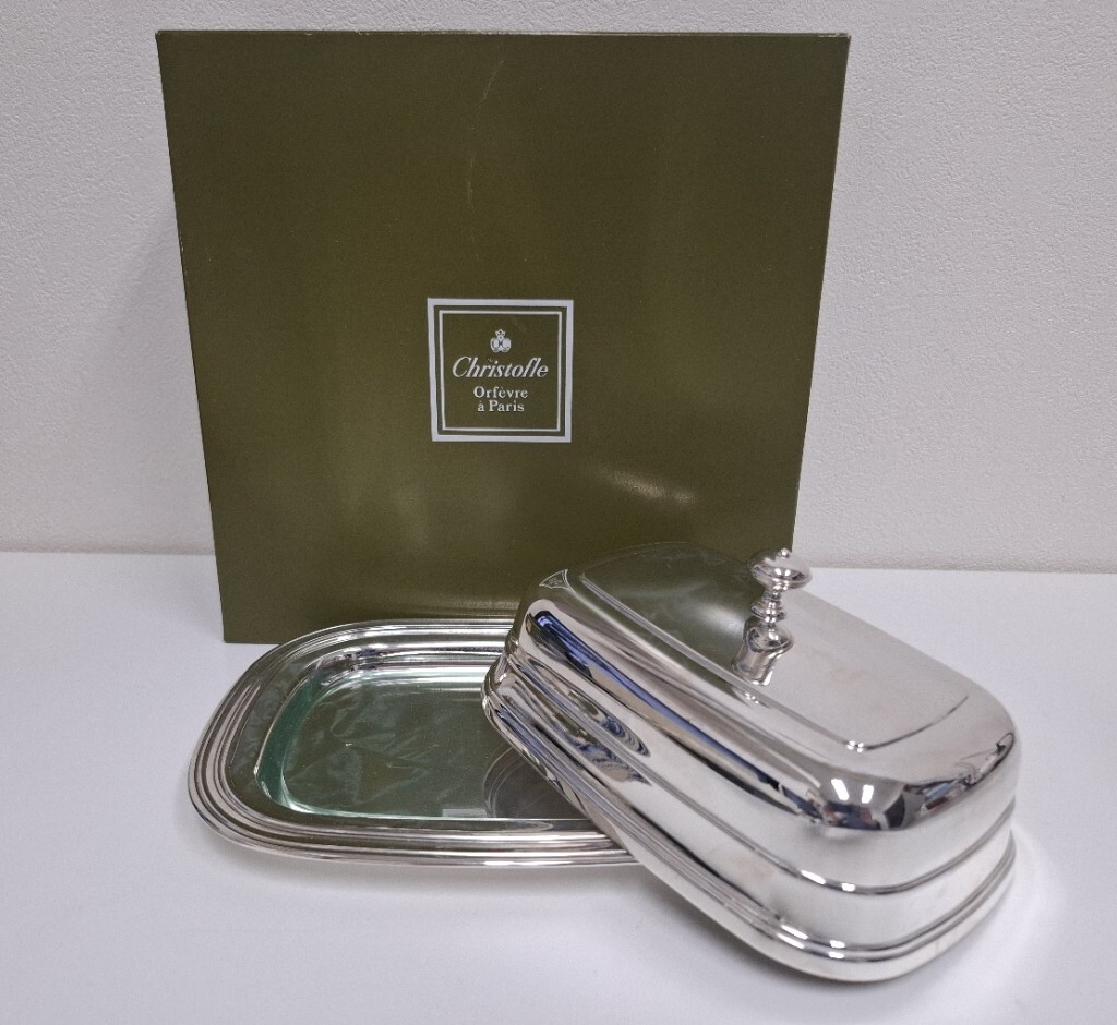 【貴重/布袋・箱付き】 ヴィンテージ クリストフル Christofle バターディッシュ バターケース トレー 蓋物 シルバーコーティング 銀食器