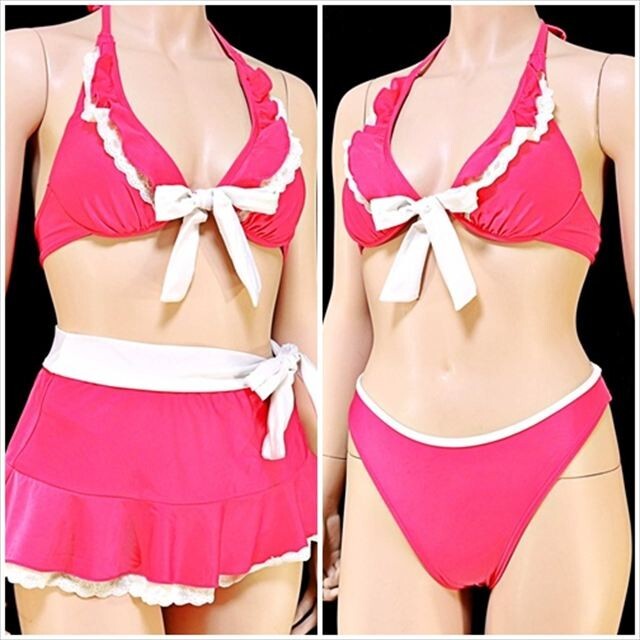 BE7-D44☆//ダークなピンクとホワイトリボン/レースが超ラブリー☆ワイヤービキニ※一番安価な送料はゆうパケットなら280円