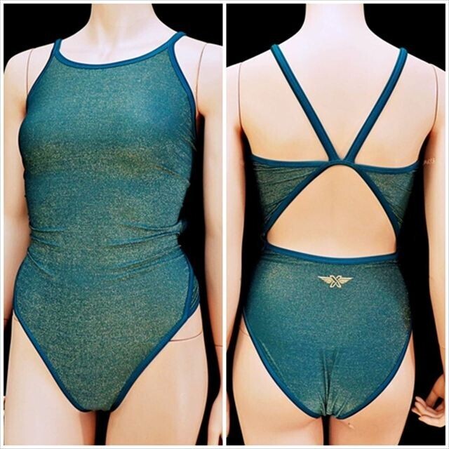 BE7-E58☆//XBLUE☆Lサイズ♪競泳水着*圧倒的キラキラのゴールド×グリーン♪※一番安価な送料はゆうパケットなら250円