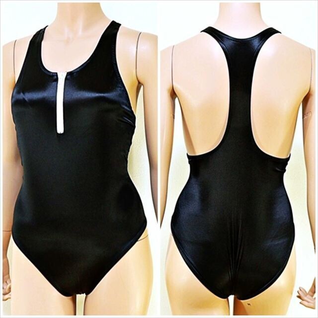 BE7-E88☆//Lサイズ♪ミニフロントチャック*うるつや光沢ブラック*スイムウェア※一番安価な送料はゆうパケットなら250円