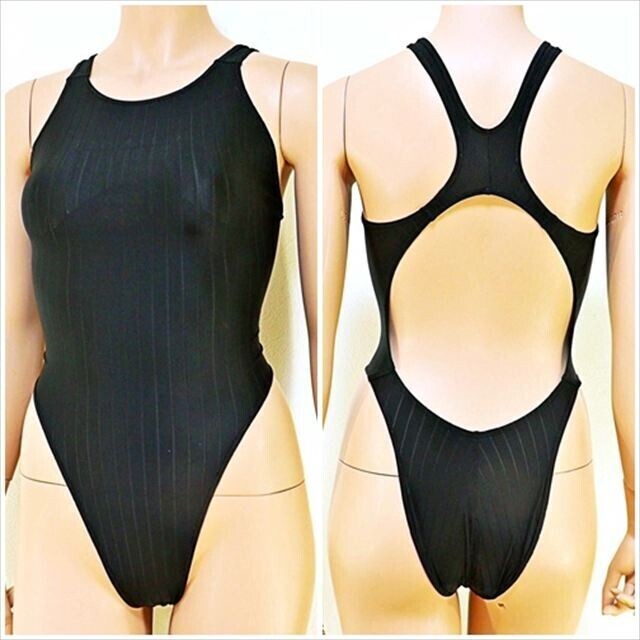 BE7-G20☆//ハイカット.小尻競泳水着*シンプルでスタイリッシュクルーナブラックカラー*背中開き※一番安価な送料はゆうパケットなら250円