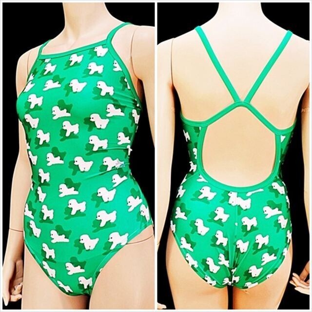 PE6-B23☆//renomoaレノマ♪競泳水着*かわいいワンちゃんのお散歩☆オープンバック*グリーン※一番安価な送料はゆうパケットなら250円