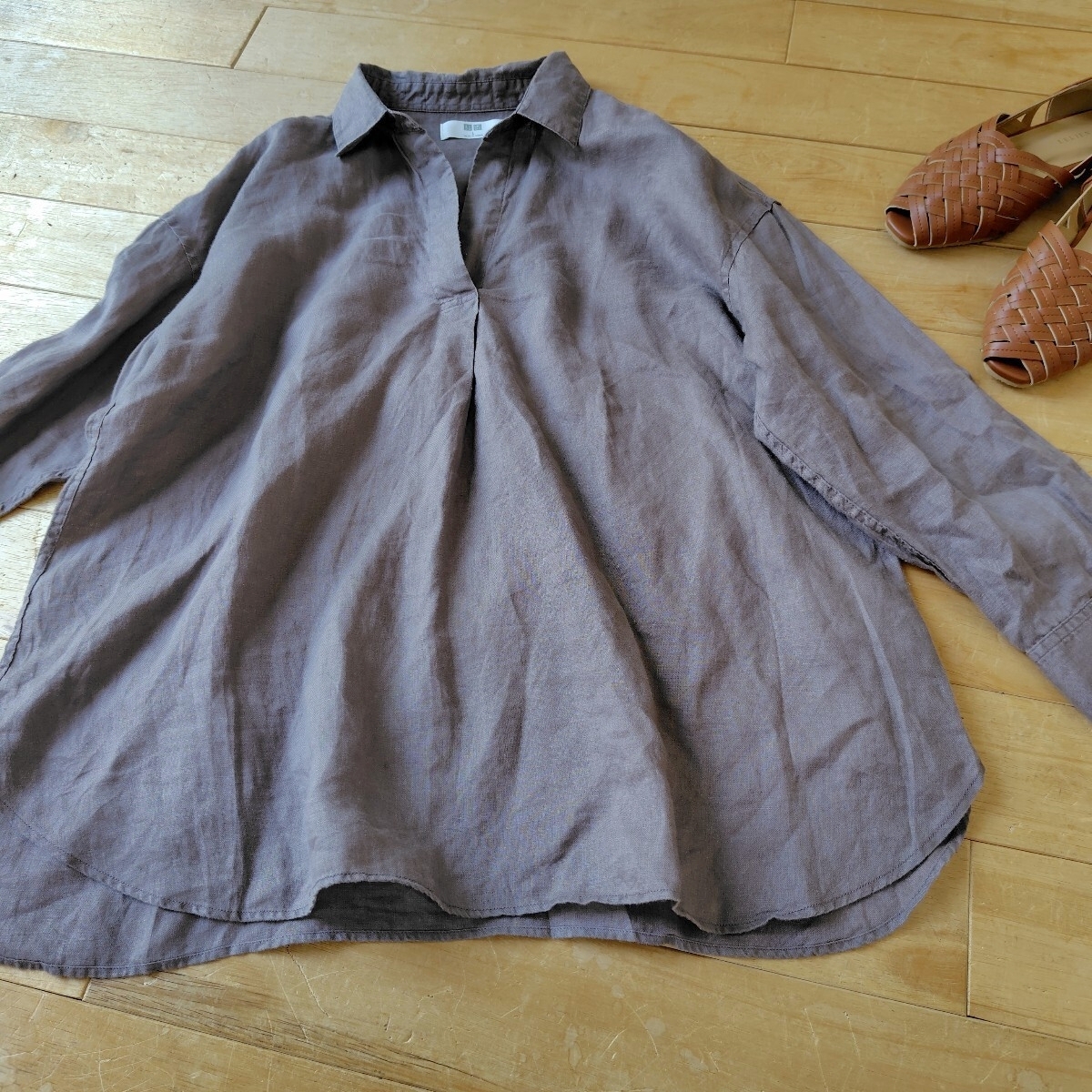 UNIQLO ユニクロ　麻100%　レディース　 スキッパーブラウス　 ブラン系　L　 美品☆　お洒落