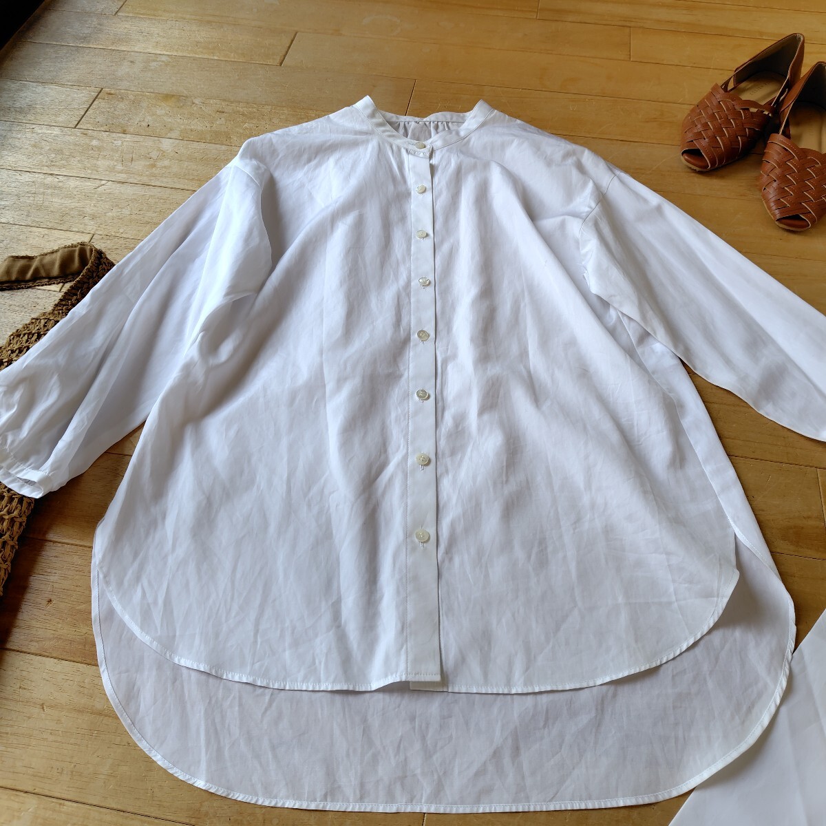 cygne　コットン100%　 リボン付き　バンドカラー　長袖チュニック　 白　 後ろ長め　 日本製 　ドロップショルダー　フリー　美品☆　上質