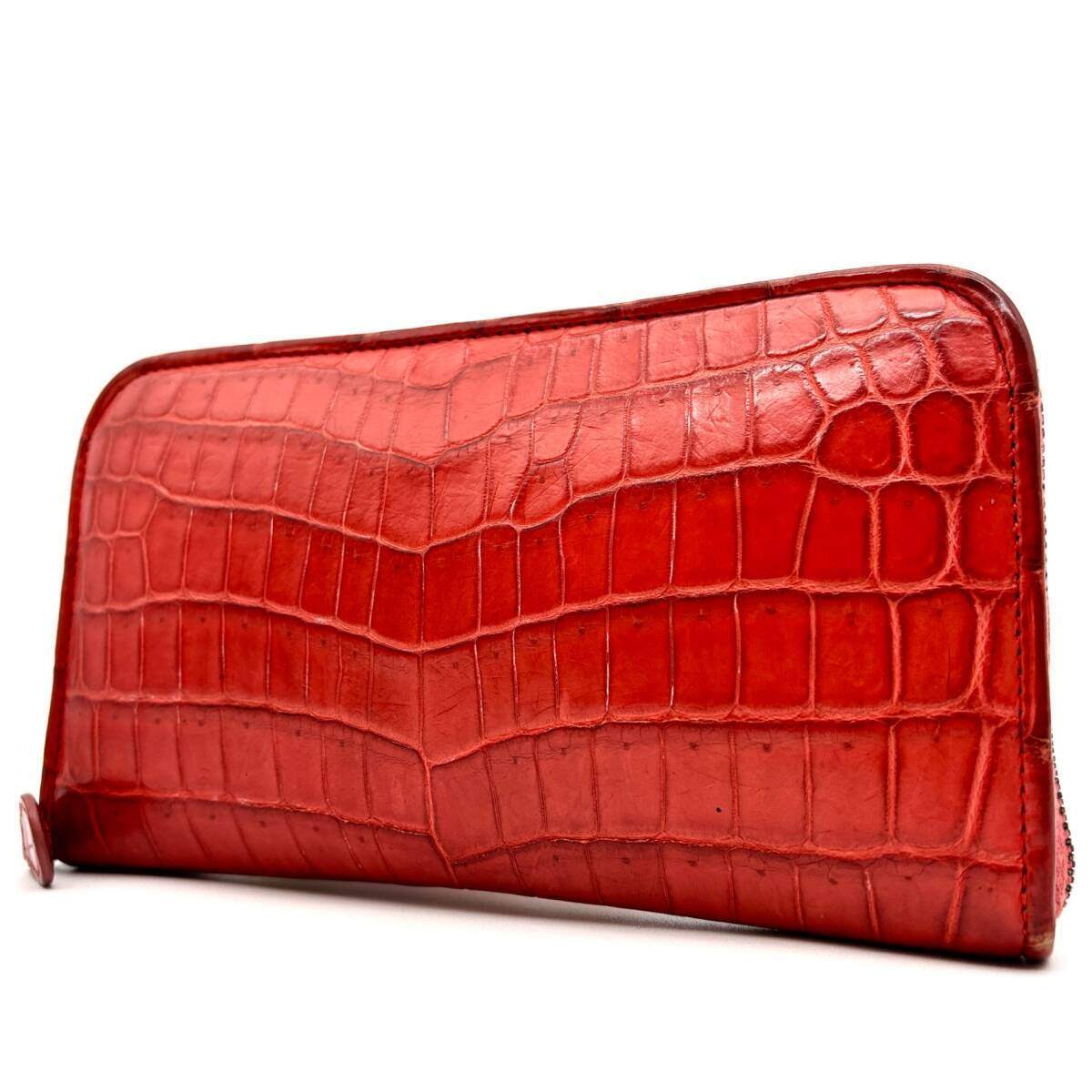 BOTTEGA VENETA ボッテガヴェネタ クロコ センター取り ラウンドファスナー 長財布 レッド 赤 エキゾチック レザー
