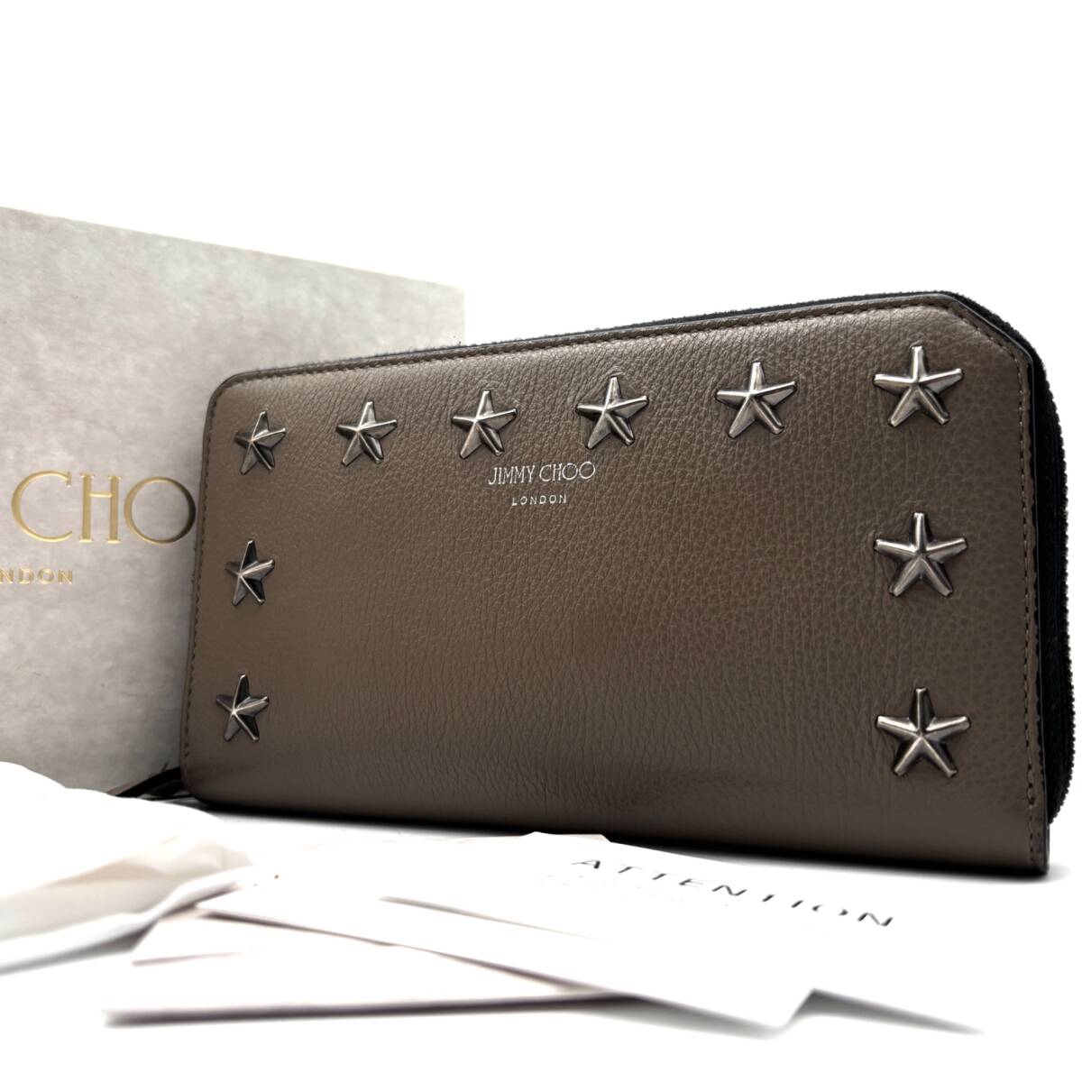 極美品 JIMMY CHOO ジミーチュウ カーナビー 長財布 ラウンドファスナー スタースタッズ レザー 本革 トープ ガンメタル 星 大容量