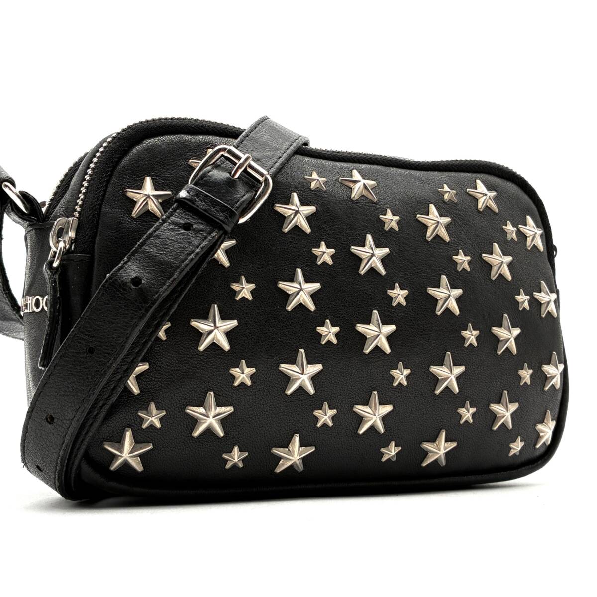 美品 JIMMY CHOO ジミーチュウ スタースタッズ カメラバッグ ショルダーバッグ レザー ブラック 黒 シルバー金具 斜め掛け 鞄