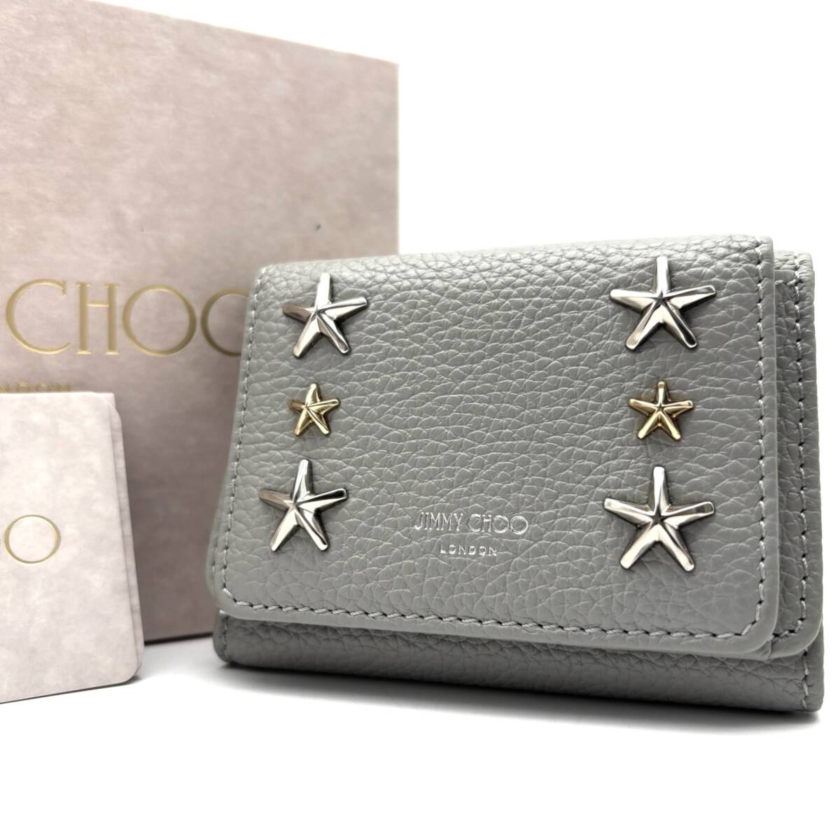 未使用保管品 JIMMY CHOO ジミーチュウ 三つ折り財布 コンパクトウォレット レザー グレー スタッズ 星 ミニ財布