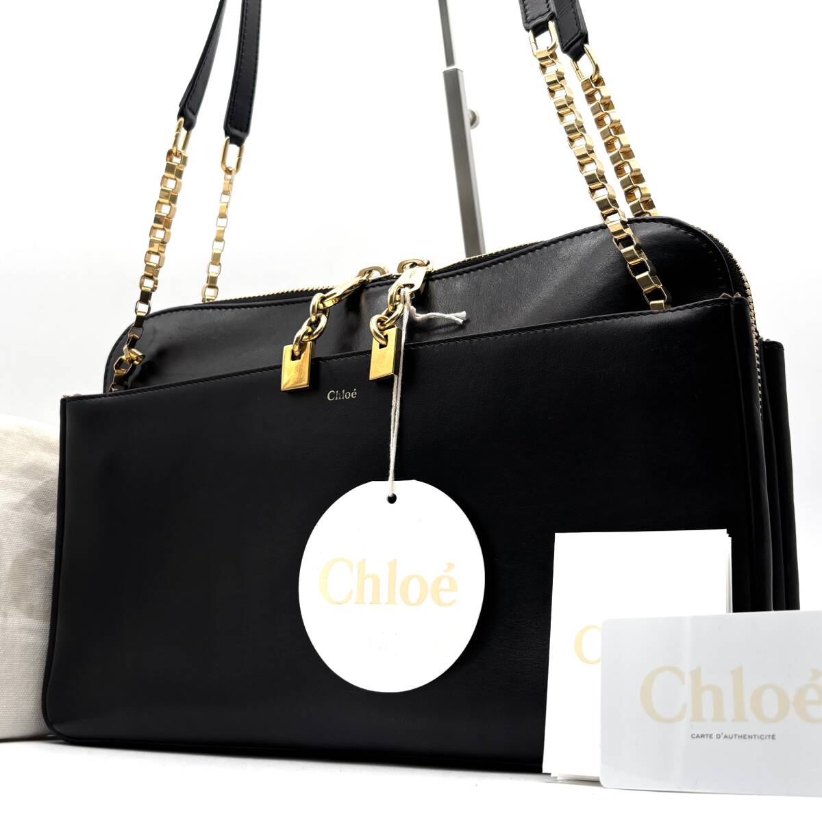 極美品 Chloe クロエ ルーシー ワンショルダーバッグ セミショルダー 本革 レザー ブラック 黒 ゴールド チェーン 肩掛け