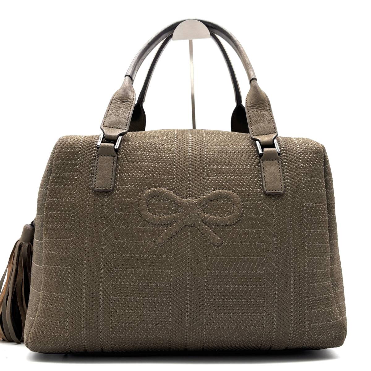美品 Anya Hindmarch アニヤハインドマーチ リボン ボストンバッグ トートバッグ キャンバス レザー カーキ タッセル
