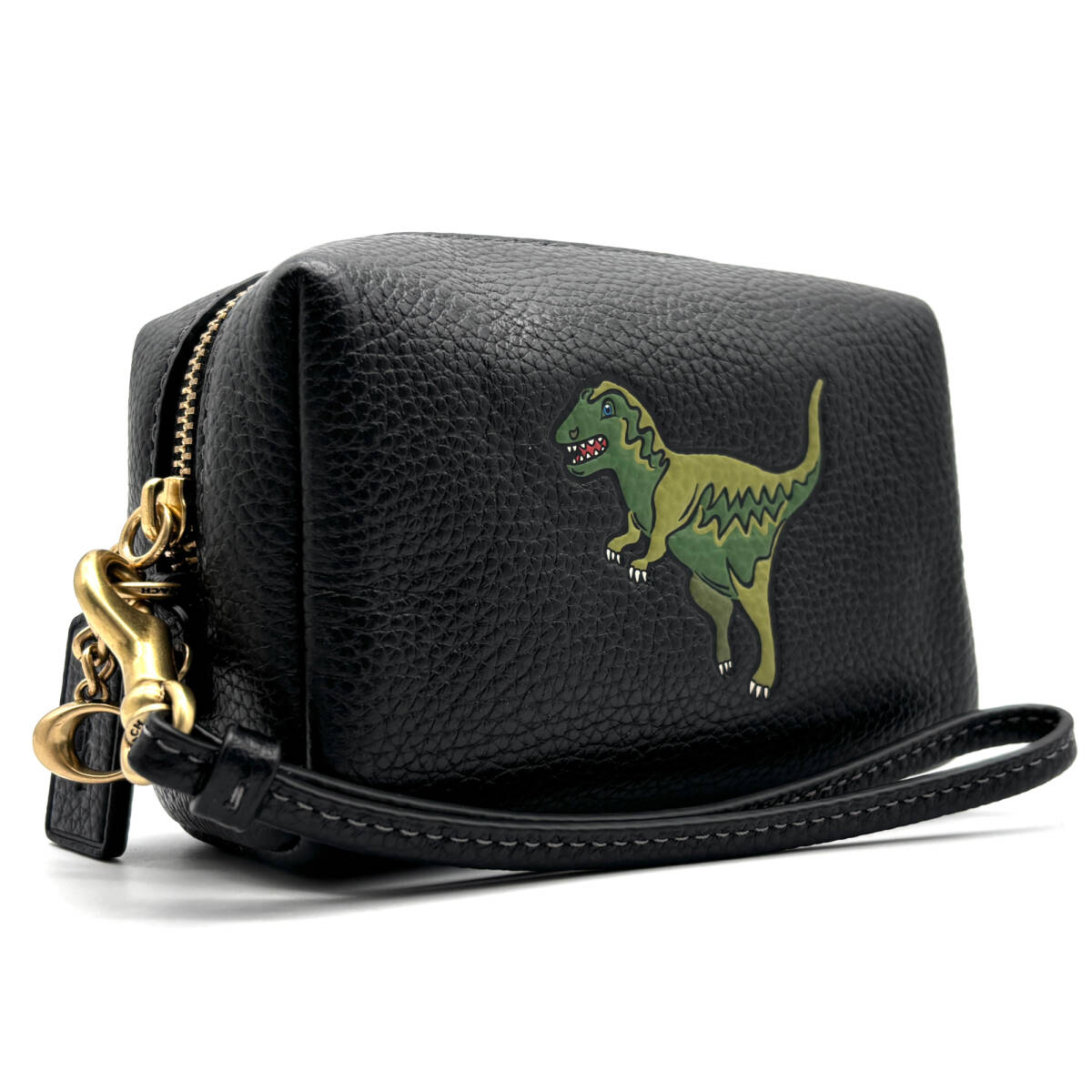 未使用に近い COACH コーチ レキシー 恐竜 ポーチ ペブルドレザー ブラック グリーン シボ革 ミニ クラッチバッグ