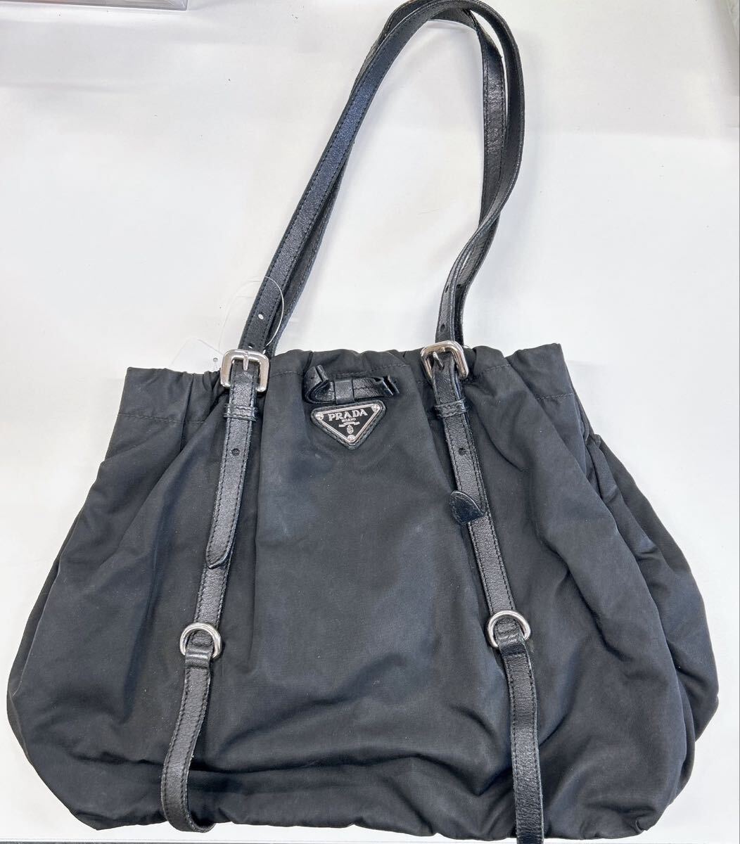 1円 PRADA プラダ 三角ロゴ バッグ トートバッグ リボン ナイロン ブラック 横幅33㎝ 現状品