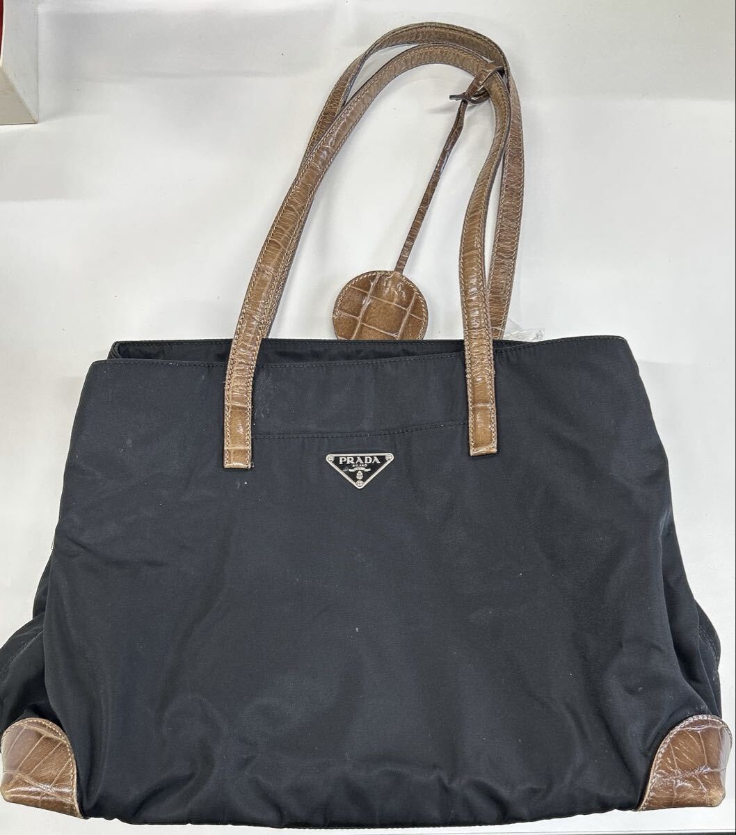 1円 PRADA プラダ 三角ロゴ バッグ トート クロコ型押し ナイロン ブラック 横幅38㎝ 中古品