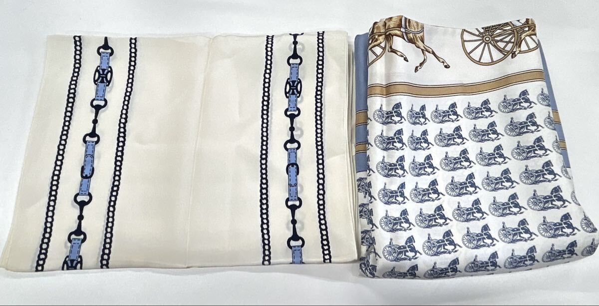 1円 CELINE スカーフ シルク チェーン柄 ブルー 馬車柄 大判 ブランド 小物