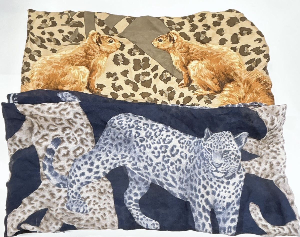 1円 KRIZIA クリツィア スカーフ 2個 まとめ 豹柄 リスモチーフ 大判 紺 茶