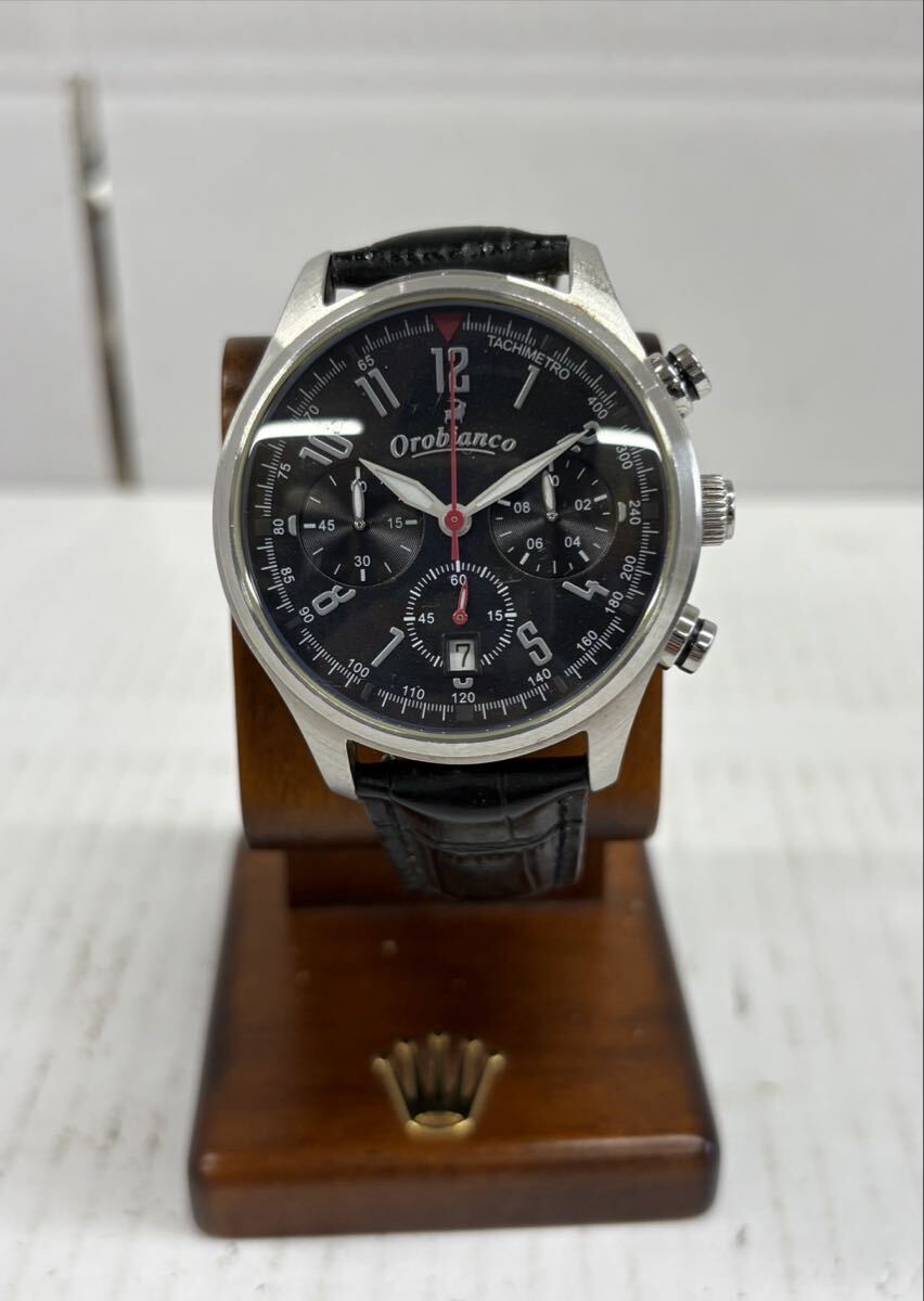 1円 Orobianco オロビアンコ 腕時計 クロノグラフ デイト 黒文字盤 革ベルト OR0021N 不動