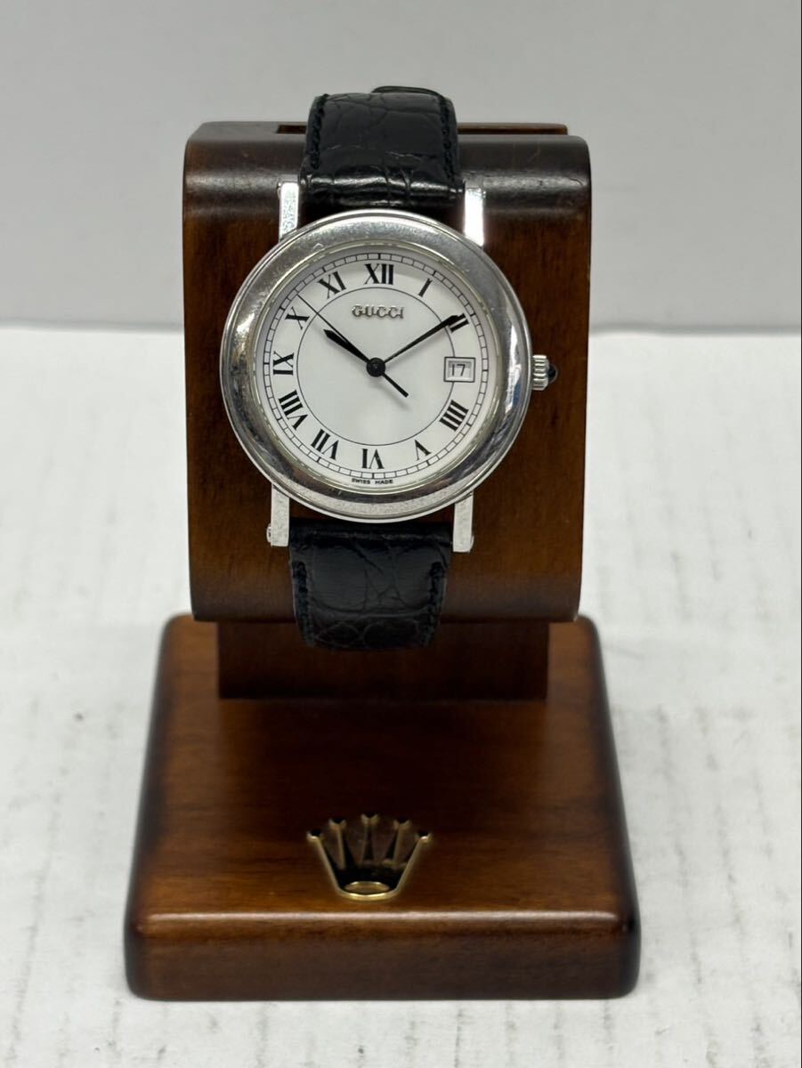 1円 GUCCI グッチ 腕時計 メンズ デイト 白文字盤 革ベルト 7400M ケース クオーツ 不動