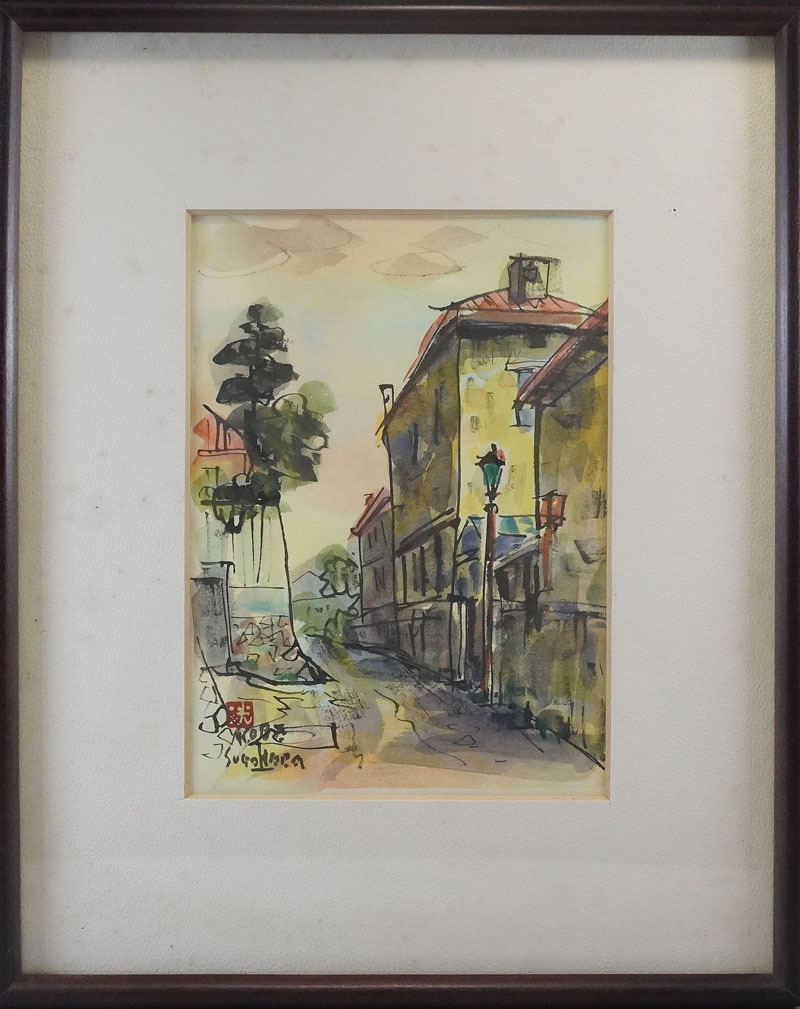 【D779】真作保証　菅原洸人 「小路の洋館」 水彩画　サインあり　略歴付　山形県出身の洋画家の作品