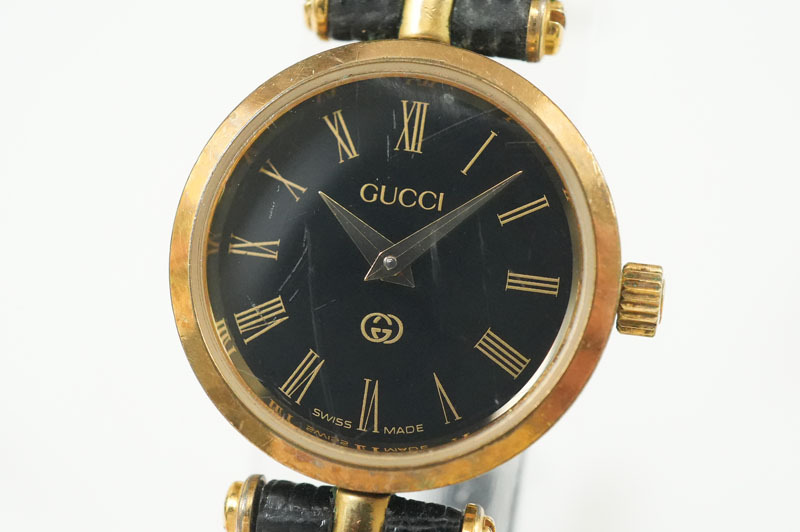 1円~【C721】実働　GUCCI／グッチ　ブラック文字盤　クオーツ　ラウンド　レディース　腕時計　電池交換済