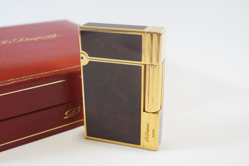 【C708】S.T.Dupont／デュポン　ギャッツビー　ガスライター　ローラー式　マーブル　ブラウン×ゴールドカラー　火花確認済　箱付