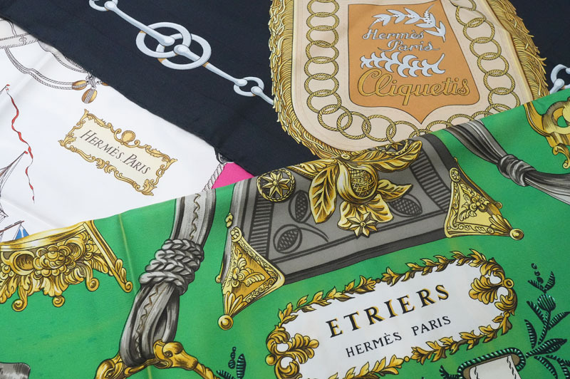 【D747】HERMES／エルメス　カレ90　スカーフ　Cliquetis/ETRIERS/VAISSEAVX ET FREGATES　シルク100%　ブラック　グリーン　ピンク　3枚