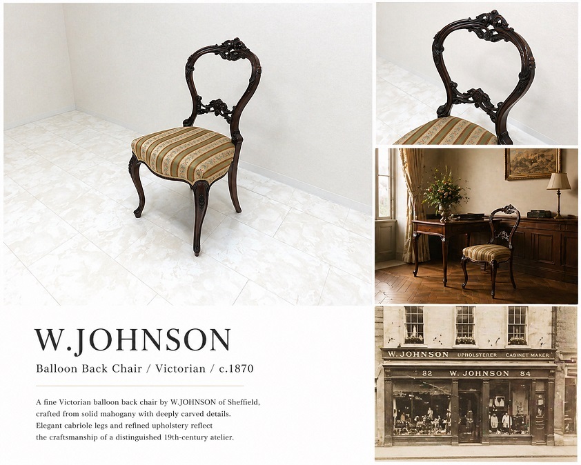 英国アンティーク W.JOHNSON バルーンバックチェア ヴィクトリア後期 c.1870 シェフィールド工房 マホガニー無垢 猫脚 サロンチェア