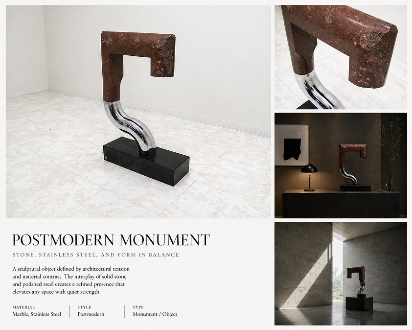 ポストモダン アートモニュメント 大理石×ステンレス スカルプチャー オブジェ 高さ68.5cm 建築的造形
