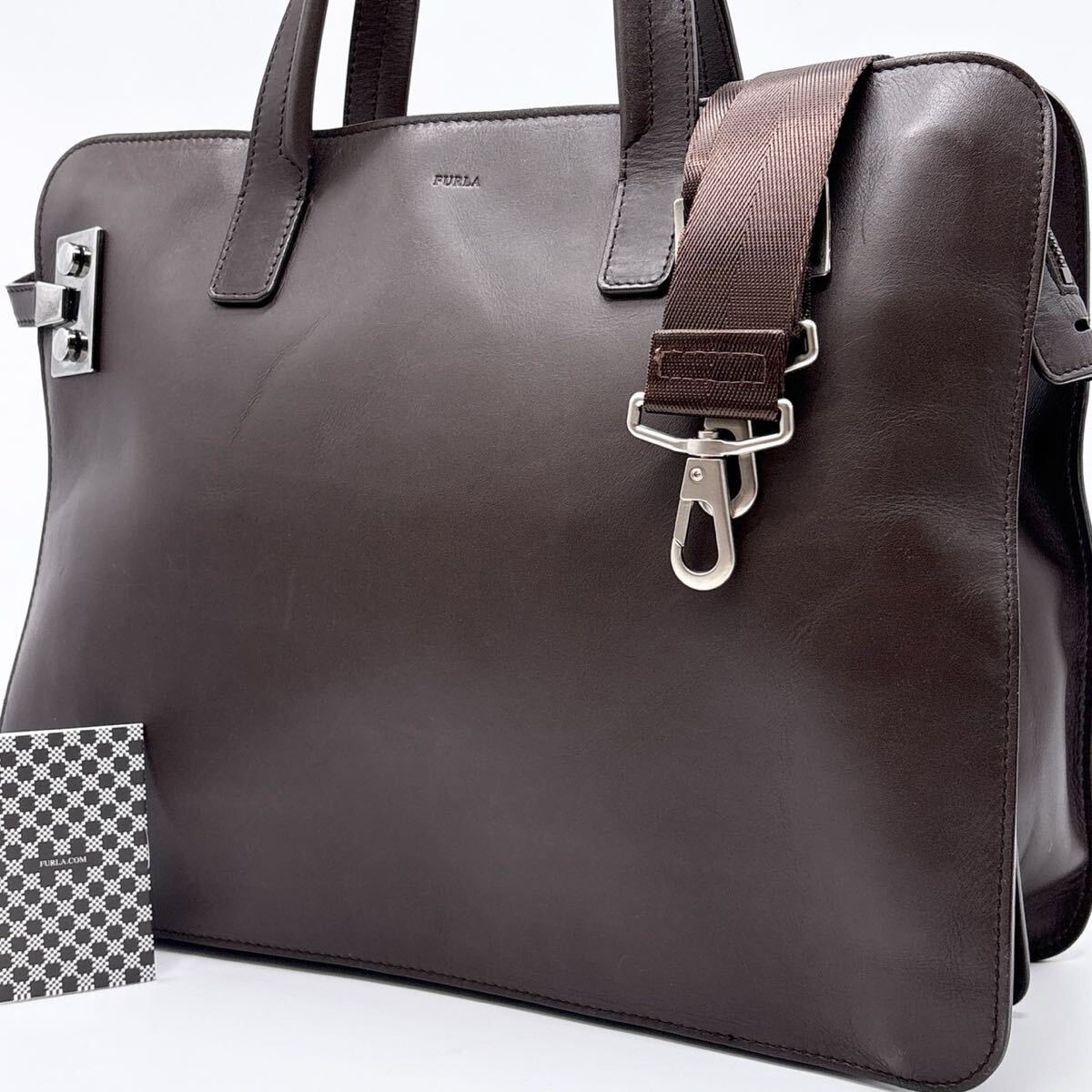 美品●A4収納●FURLA MAN フルラ 2way オールレザー ビジネスバッグ 自立 ブリーフケース 牛革 本革 ブラウン 茶 メンズ ゼウス ZEUS 書類