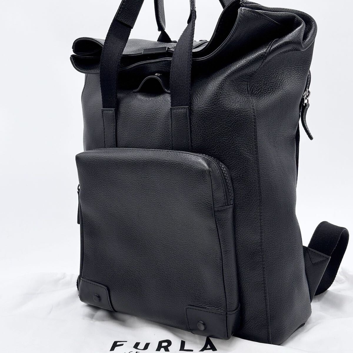 美品●現行モデル●FURLA フルラ 2way オールレザー トートバッグ リュック ビジネス A4可 ロゴ シボ 本革 ブラック 黒 メンズ スキューバ