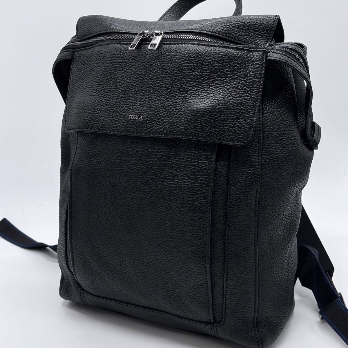 極美品●大容量●FURLA フルラ 2way オールレザー リュック トートバッグ ビジネス A4収納 シボ革 本革 メタルロゴ ブラック 黒 メンズ