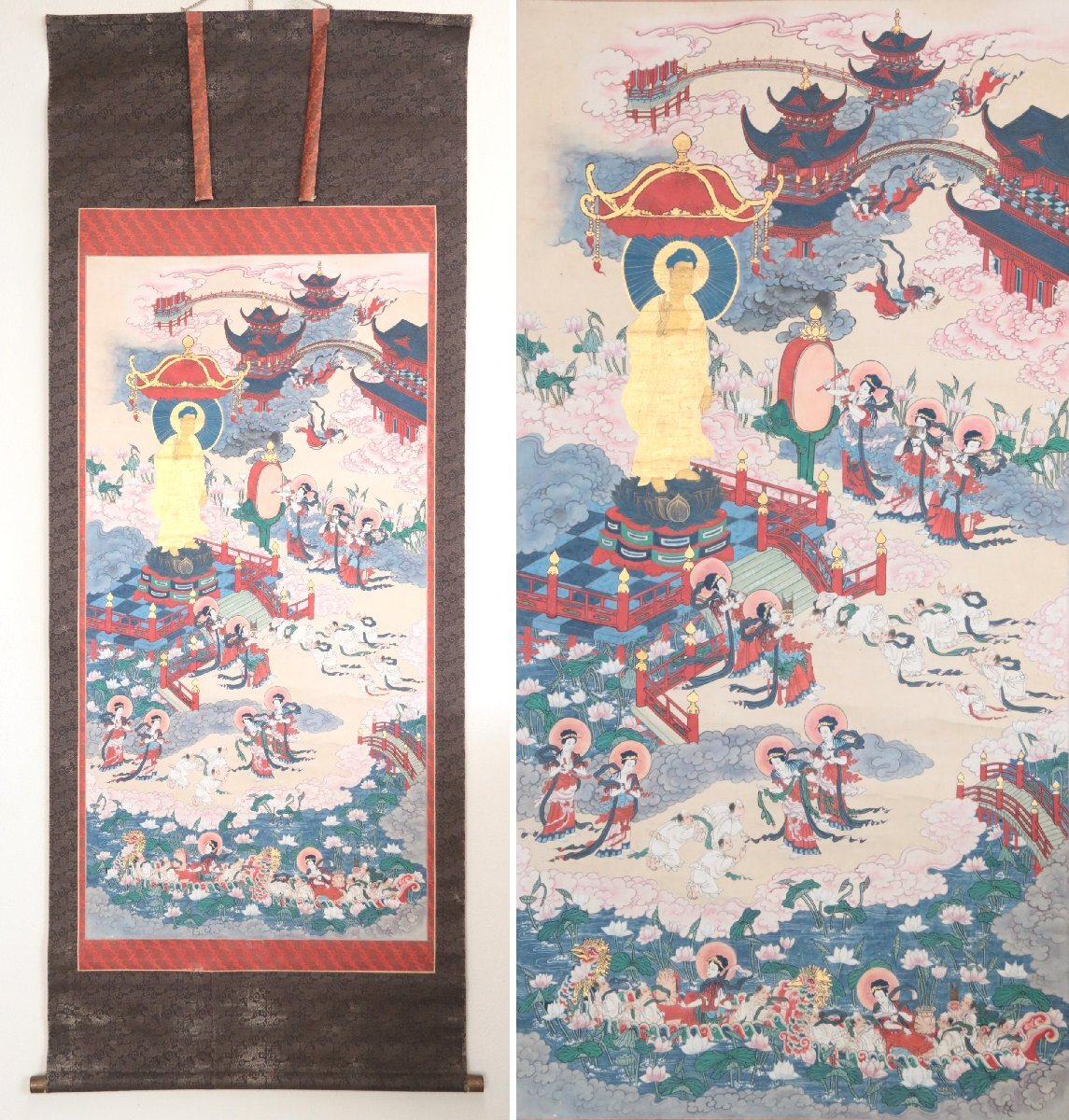 古い仏画　無落款　紙本軸装　大幅　掛軸　書画　仏画　