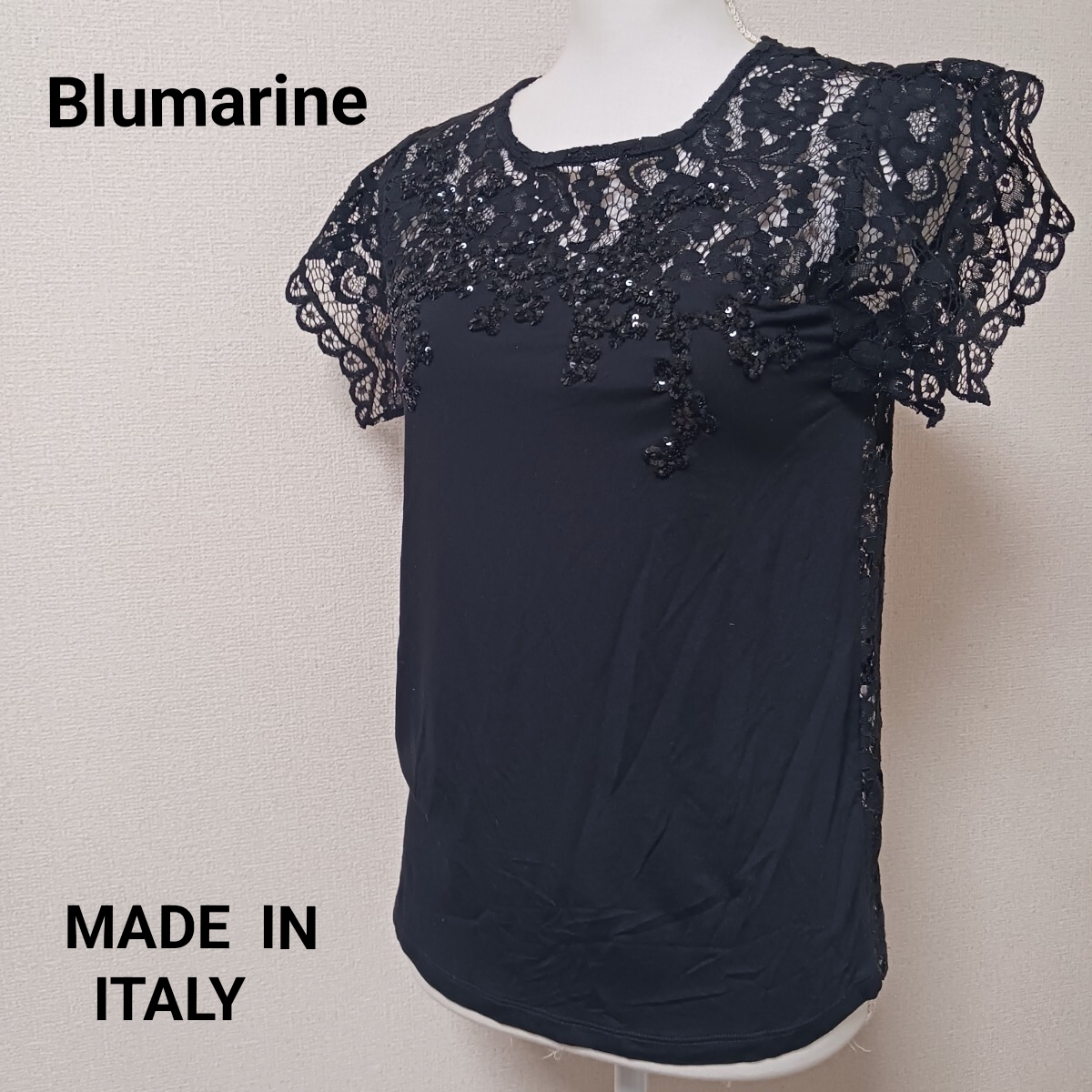 【B550】Blumarine ブルマリン カットソー 半袖 バックレース　スパンコール　花柄　黒 ブラック　イタリア製　40サイズ　M相当　