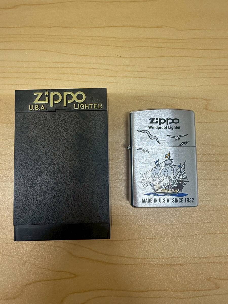 N428【火花散ります】Zippo ジッポ 帆船柄 オイルライター ライター 喫煙グッズ 箱あり 綺麗品