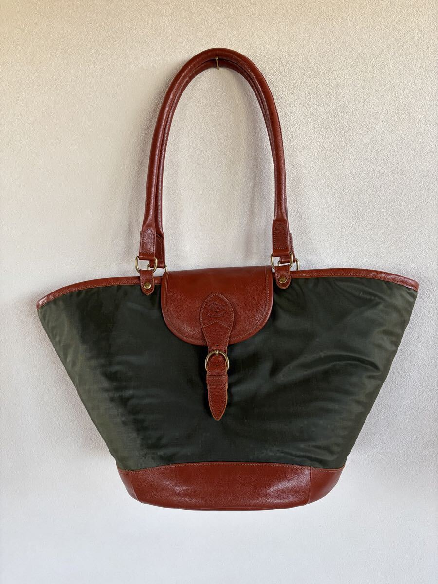 IL BISONTE イルビゾンテ トート&ショルダーバックバケツ型　(美品&希少)カーキナイロン＋レザー＋ストロー素材