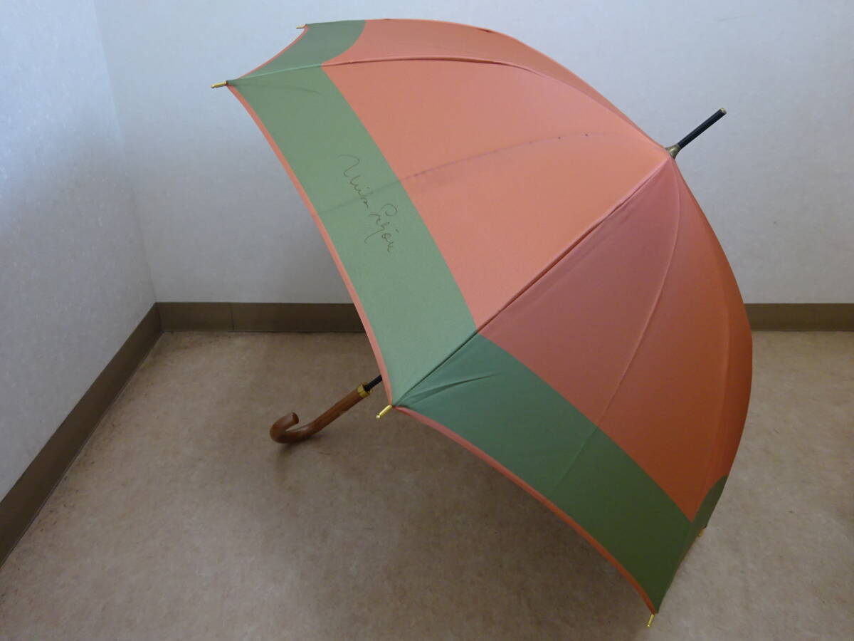 (EEA-50)　mila schon　ミラショーン　長傘　雨傘　ピンクベージュ　グリーン　光沢感　60㎝　中古