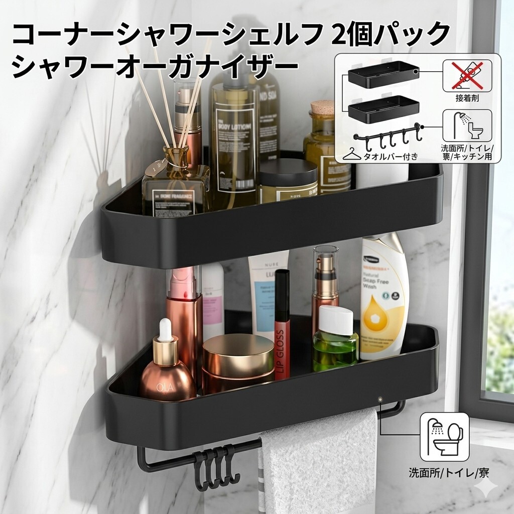 SI-06 コーナーシャワーシェルフ 2個パック シャワーオーガナイザー タオルバー付き 接着剤不要 壁取り付け 洗面所/トイレ/寮/キッチン用