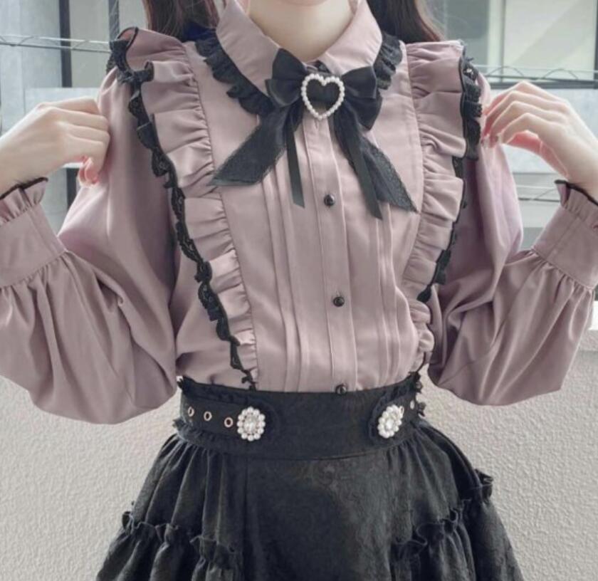 人気品レディース ブラウス シャツ ピンク リボン 量産 地雷系 韓国 ロリータブラウス レディース 長袖 春夏秋 ブラウス XL
