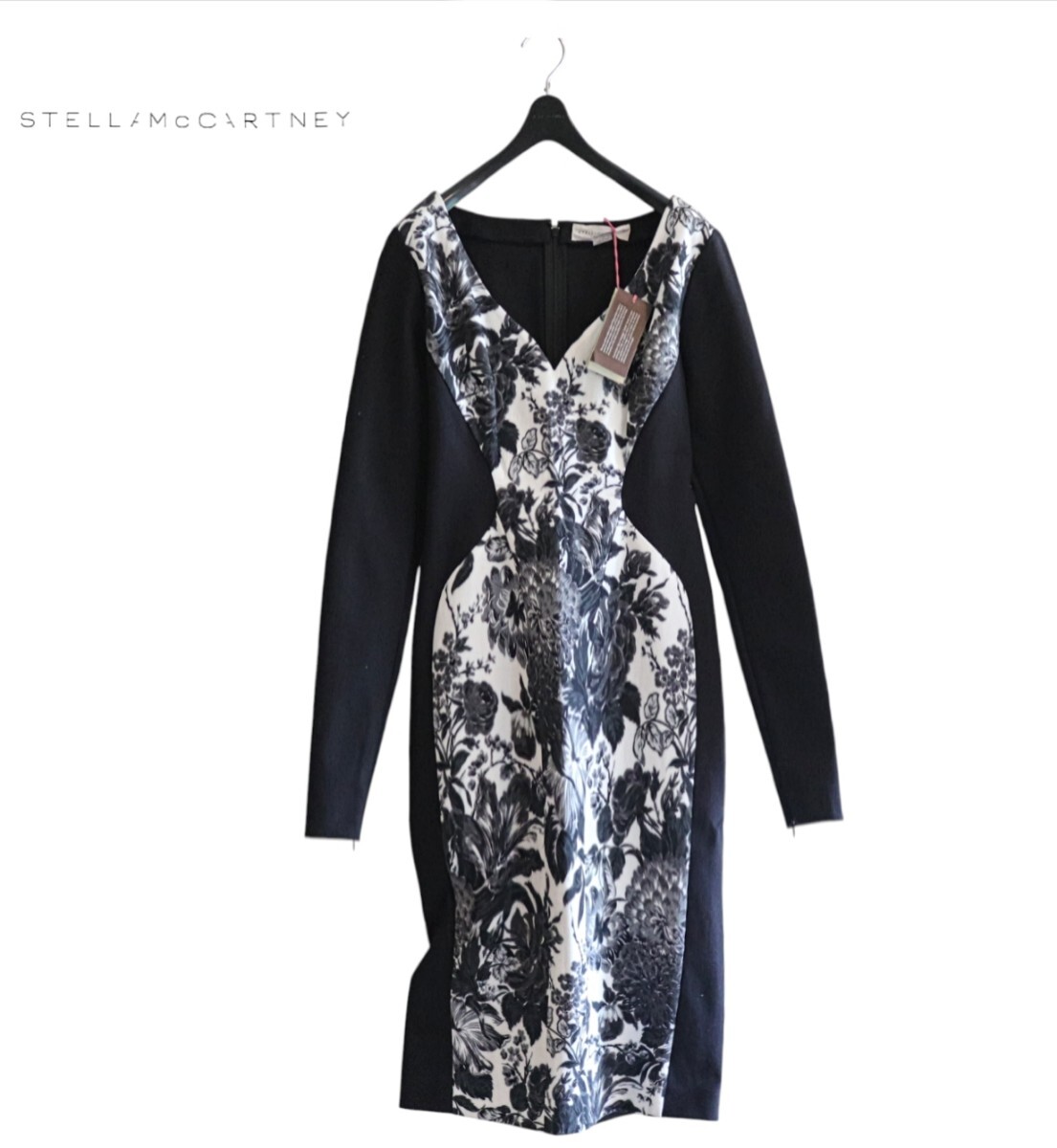 新品タグ付き★ステラマッカートニー STELL★Italy製★モノトーンFlower ロングワンピース size 42/S細身M相当★未使用品　