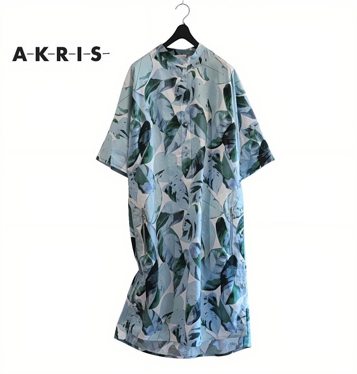 新品タグ付き★アクリス AKURIS ★サマーリーフ柄★サイド開閉スリット入り オーバーサイズ ワンピース size 44/L〜LL相当★未使用