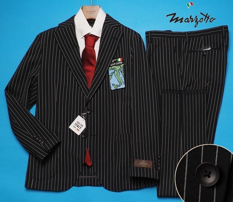 新品8.6万円 大手百貨店扱い 春夏『MARZOTTO マルゾット イタリア製生地』シアサッカー ストライプ セットアップ スーツAB7黒(A) 1636291