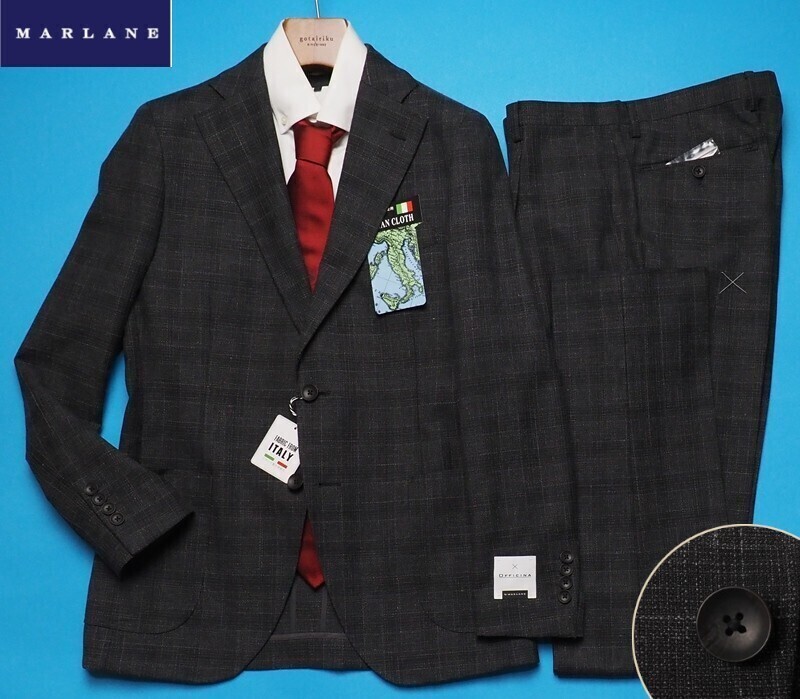 新品8.6万円 大手百貨店扱い 春夏『MARLANE マルラーネ 伊製生地』毛・綿・麻 チェック柄 セットアップ スーツA6濃灰(C) 1654691