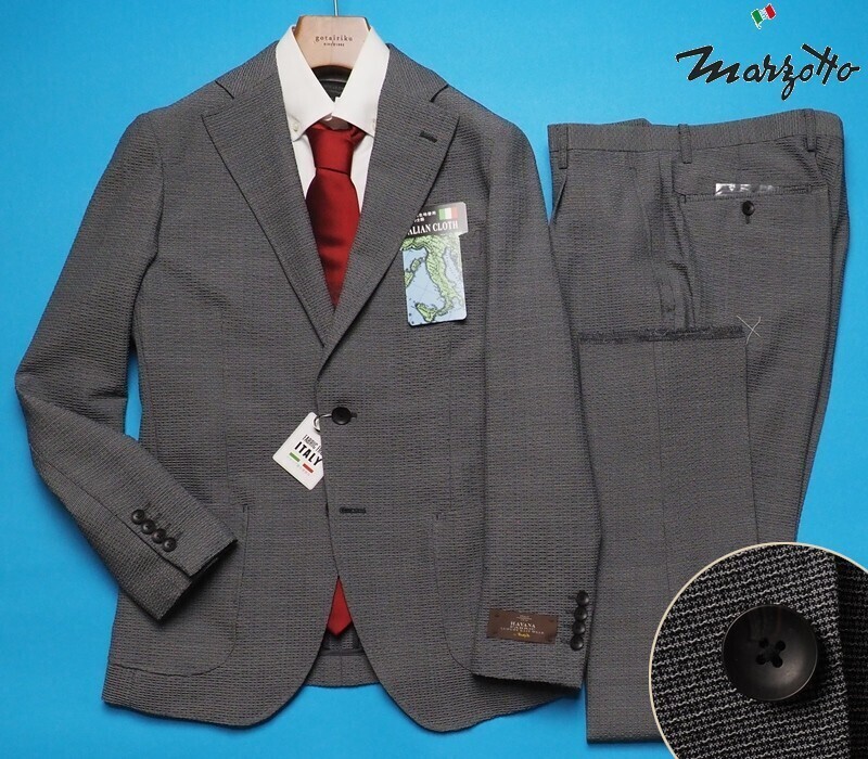 新品8.6万円 大手百貨店扱い 春夏『MARZOTTO マルゾット イタリア製生地』織柄 シアサッカー セットアップ スーツA6黒灰(G) 1636691