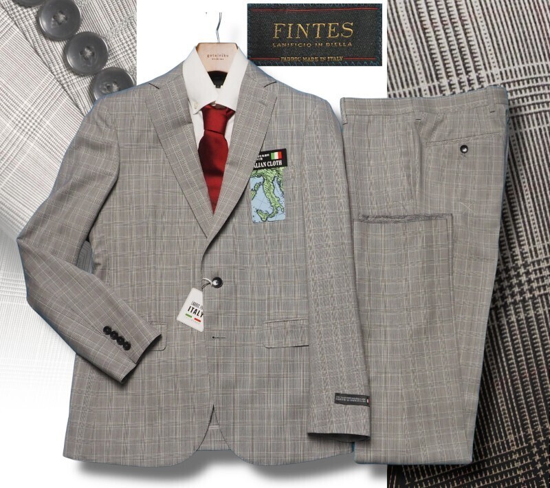 新品8.6万円 大手百貨店扱い 日本製 春夏『FINTES フィンテス 伊製生地』ウール100％ グレンチェック柄 スーツA6灰(G) 1707271