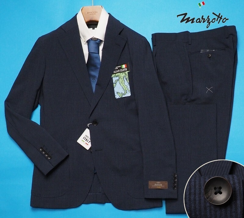 新品8.6万円 大手百貨店扱い 春夏『MARZOTTO マルゾット イタリア製生地』シアサッカー ストライプ セットアップ スーツA6紺(B) 1637091