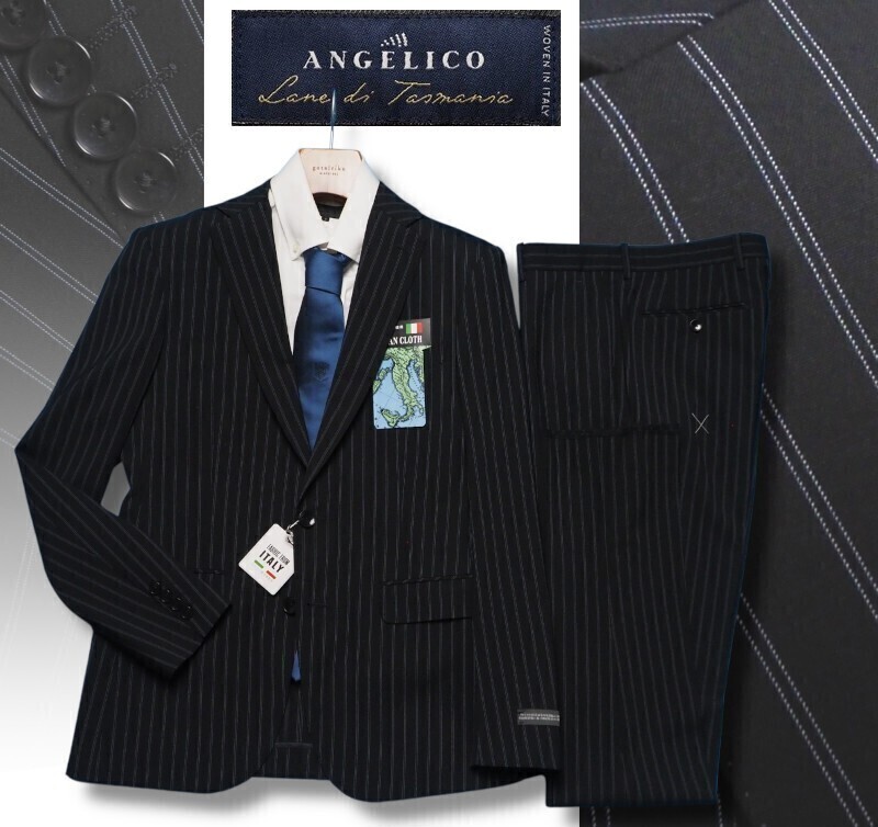新品8.6万円 大手百貨店扱い 日本製 春夏『 ANGELICO アンジェリコ イタリア製生地』ウール ストライプ スーツA5濃紺(B) 1705871
