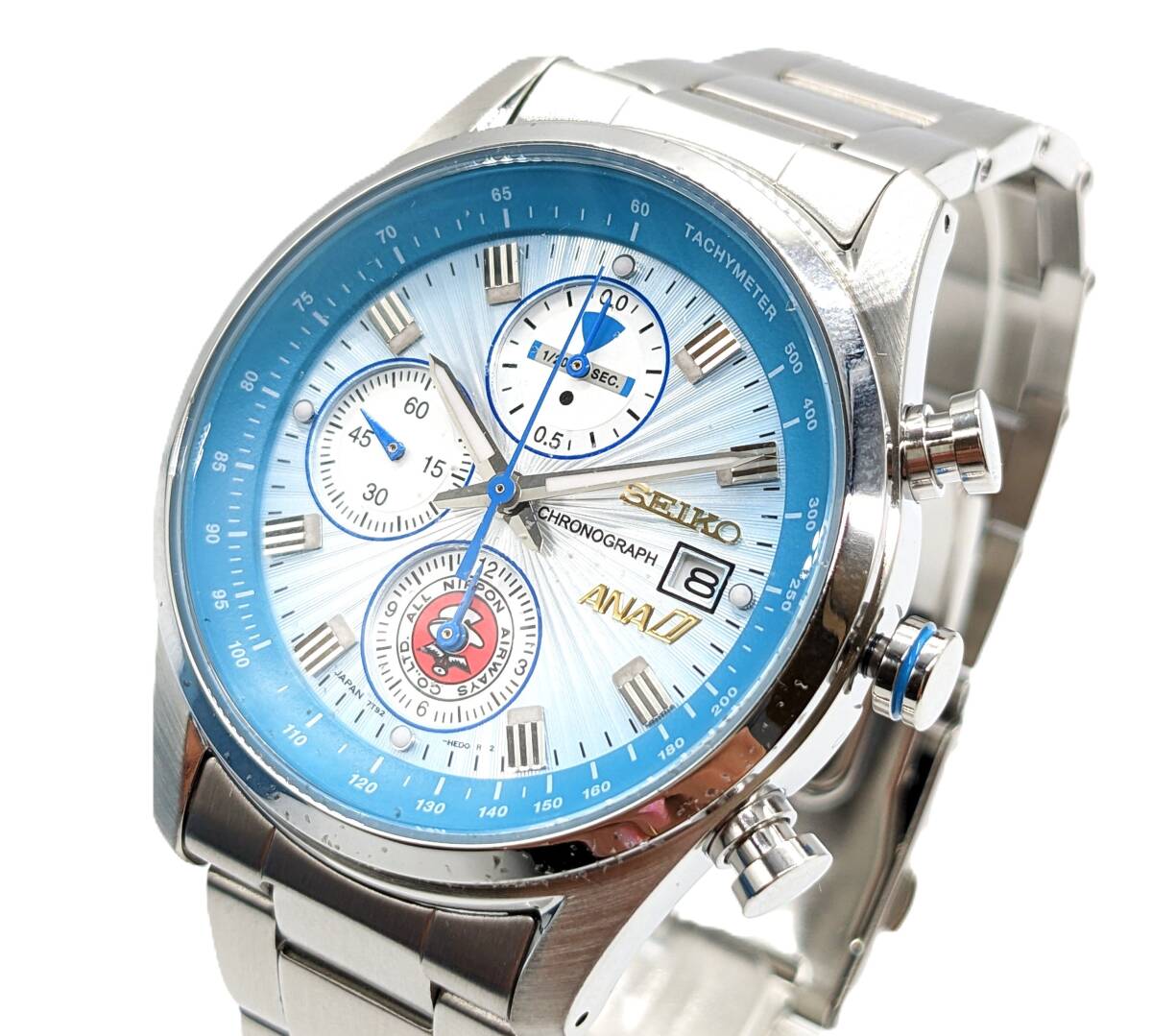 ■【希少 美品】SEIKO セイコー ANA 全日空 ボーイング727モチーフ 7T92-HDK0 クロノグラフ メンズ クォーツ ブルー 腕時計 飛行機 コラボ