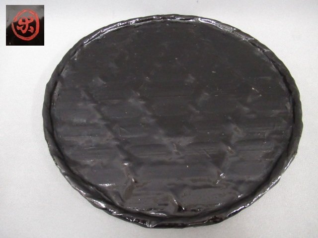 【一閑張　平丸盆　銘有】時代物茶道具　菓子器等　径・25cm　一閑塗