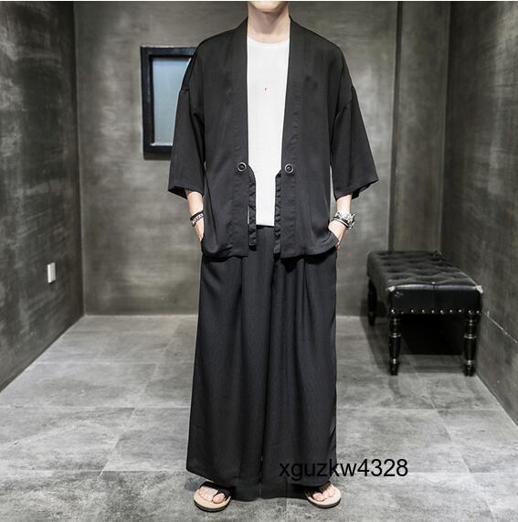 メンズ 羽織 上下セット夏 甚平 ジャージ カーディガン セットアップ サルエルパンツ 涼しい部屋着花火大会浴衣風袴祭り 白 黒 M~5XL/XS291
