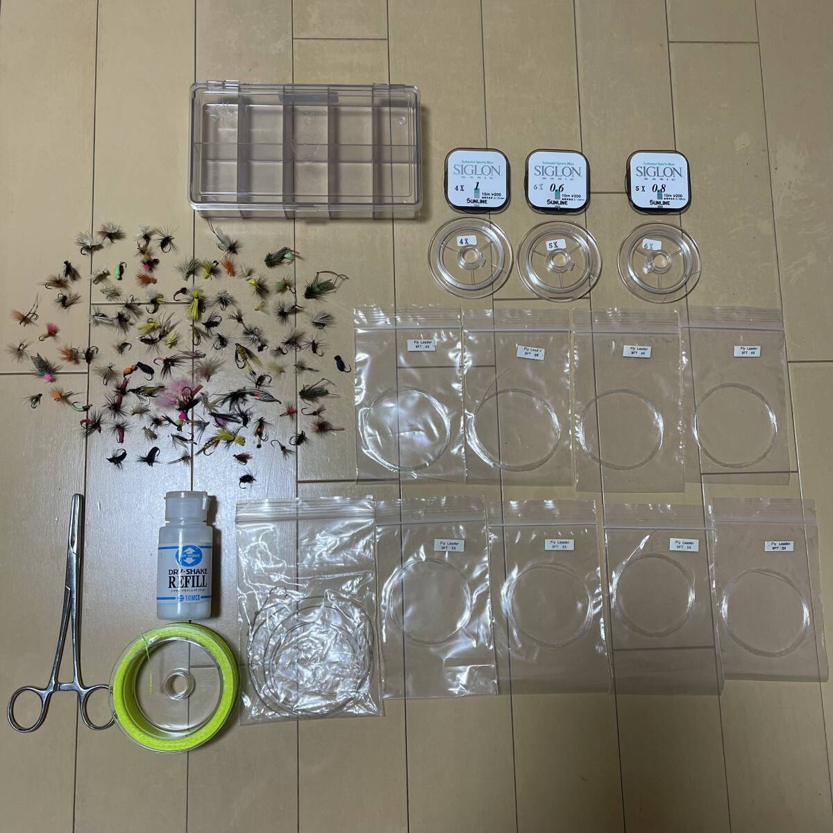 マイラン ボックス 完成品 フライ 100個 テーパードリーダー ティペット フォーセップ バッキングライン など セット フライフィッシング