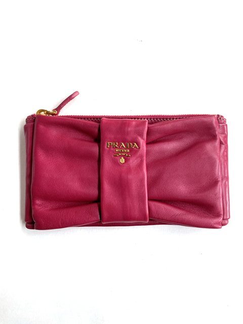 【即決】 PRADA プラダ リボンモチーフ ポーチ 1N1442 ピンク レザー 本革 小物入れ 羊革製 